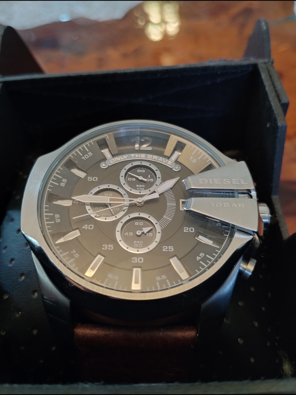 Diesel Mens Grey Chronograph Watch with Brown Strap